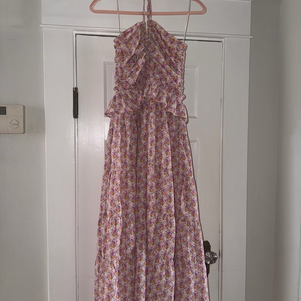 Moodie Floral Halter Neck Maxi Dress - Pink and White